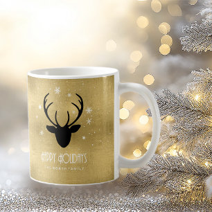 Caneca De Café Deer Antlers Silhouette & Snowflakes Dourado ID861