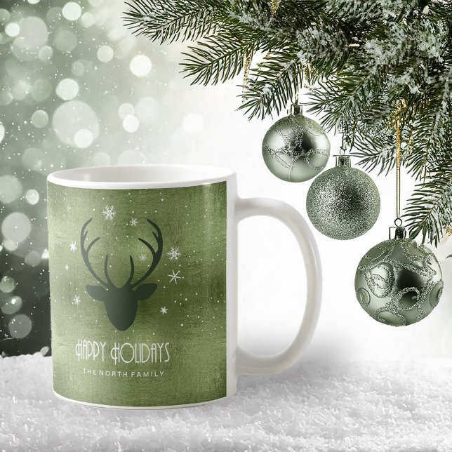 Caneca De Café Deer Antlers Silhouette & Snowflakes Green ID861 (Criador carregado)