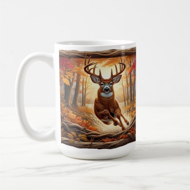 Caneca De Café Deer Pulando Através Da Floresta Vibrante Do Outon (Esquerda)