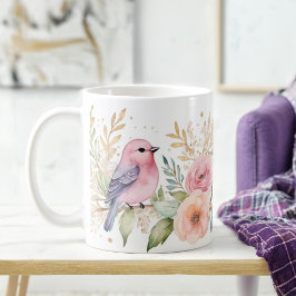 Caneca De Café Del Pastel Birds e Glitter Floral