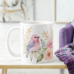 Caneca De Café Del Pastel Birds e Glitter Floral