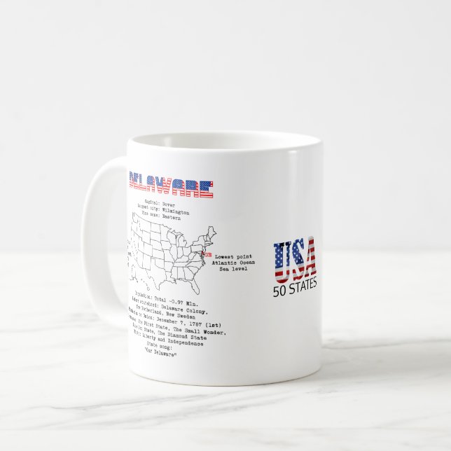 Caneca De Café Delaware estado americano em um mapa e informações (Frente Esquerda)