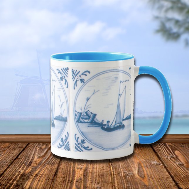 Caneca de Café Delft Azul e Branco com Barco à Vel (blue white vintage sailboat coffee mug)