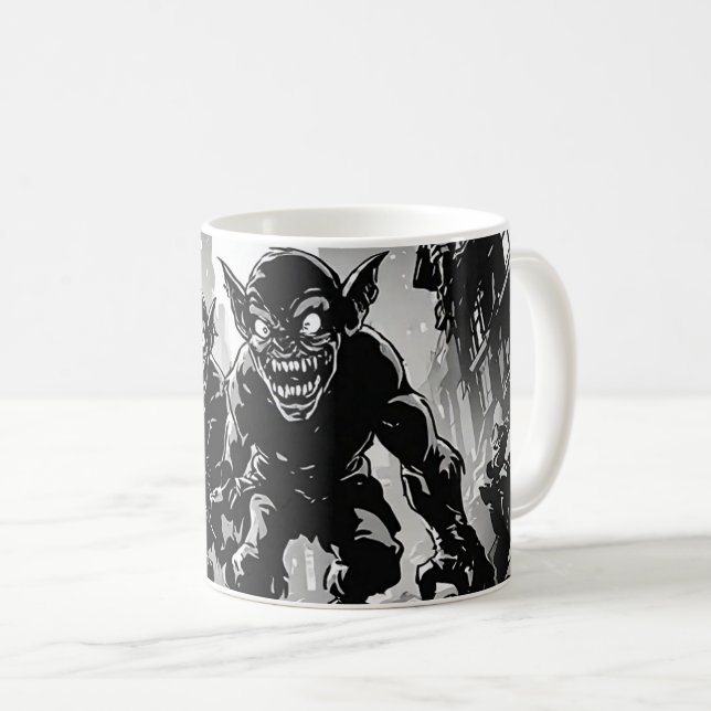 Caneca De Café Demônios Goblin Cidade Abandonada BW Estilo de Qua (Frente Esquerda)