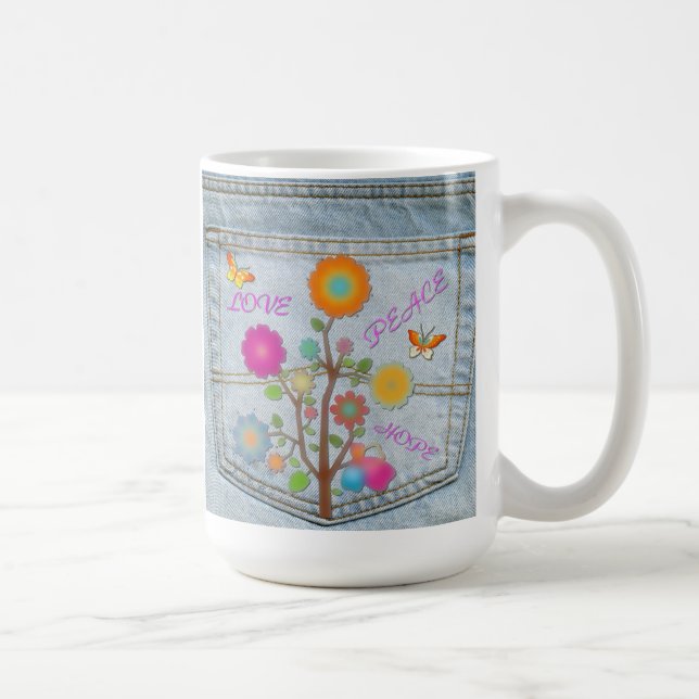 Caneca De Café Denim Back Pocket Flowers Peace Love Hope Mug (Direita)
