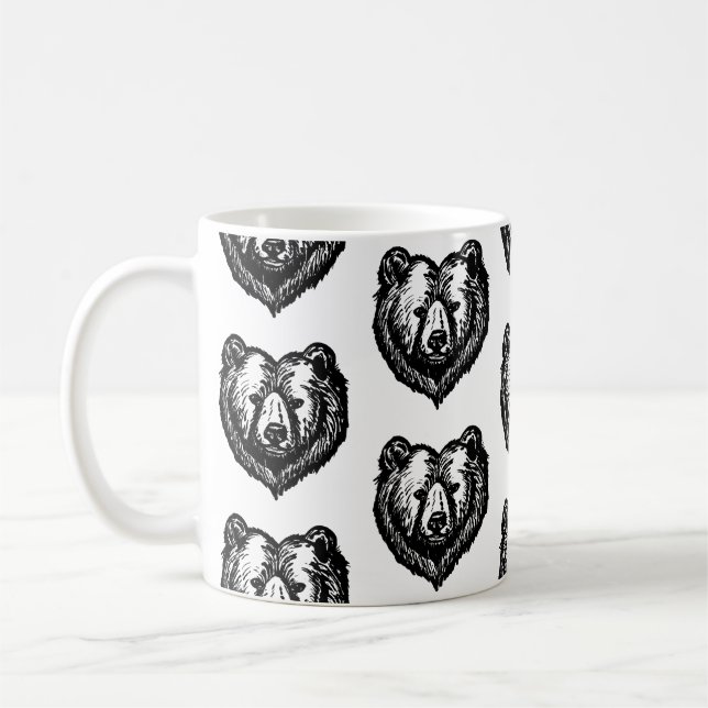 Caneca De Café Desenho a Tinta da Cara de Urso Preto e Branco (Esquerda)