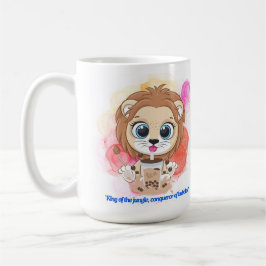 Caneca De Café Desenho animado de leão bebendo chá bobba.