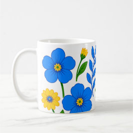 Caneca De Café Desenho Botânico Floral Azul e Amarelo