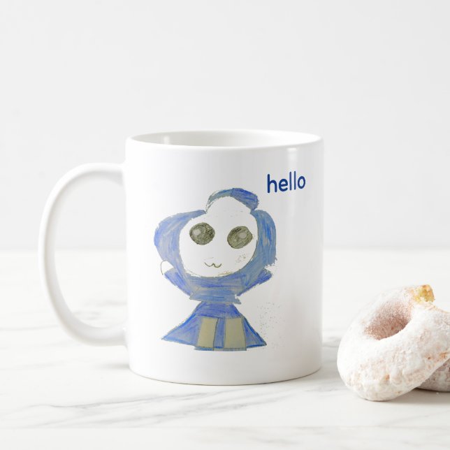 Caneca De Café Desenho de Crayon de Boneca Azul Fofa (Com Donut)