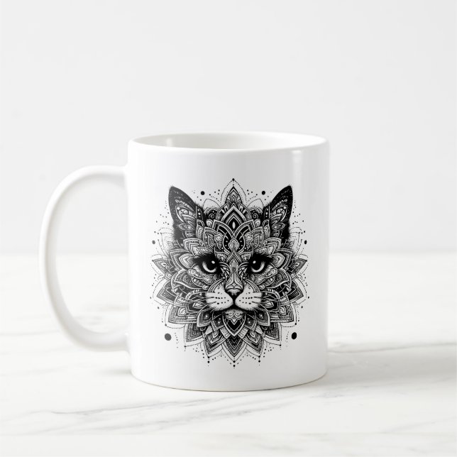 Caneca De Café Desenho de Gato com Padrão Mandala (Esquerda)