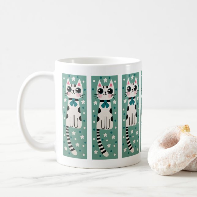 Caneca De Café Desenho de Gato Rabisco Excêntrico e Divertido (Com Donut)