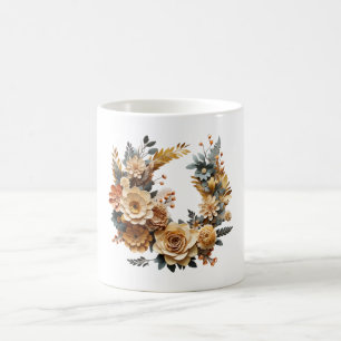 Caneca De Café Desenho de Grinalda Floral Moldura de Círculo de F