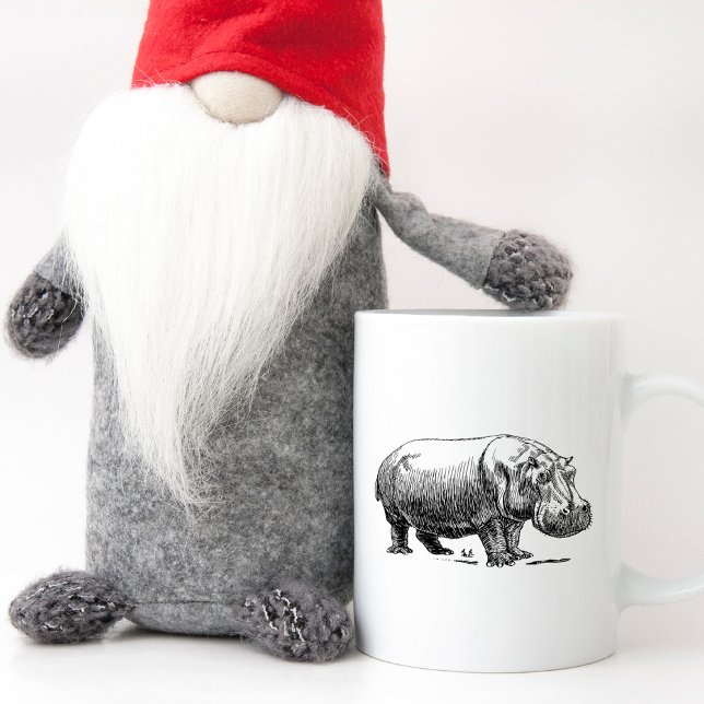 Caneca De Café Desenho de Linha Hippopotamus Preto e Branco (Line Drawing Hippopotamus Black and White Coffee Mug)