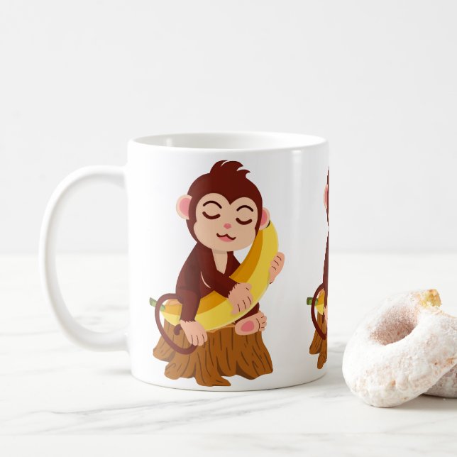 Caneca De Café Desenho de Macaco Segurando Banana (Com Donut)