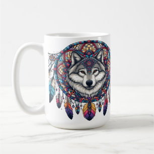 Caneca De Café Desenho de Mandala de Lobo com Dreamcatcher e Pena