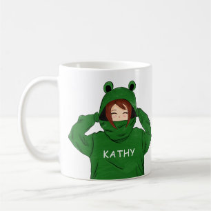Caneca De Café Desenho de Menina Fofa com Capuz de Sapo Verde