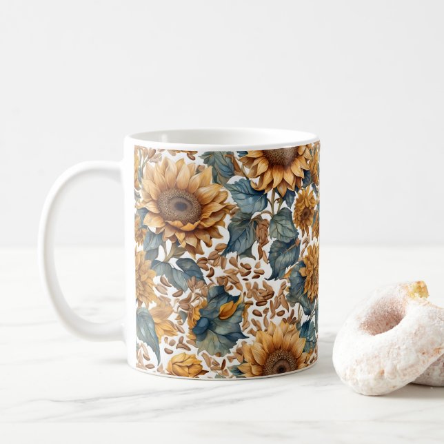 Caneca De Café Desenho de Padrão de Girassóis Dançantes (Com Donut)