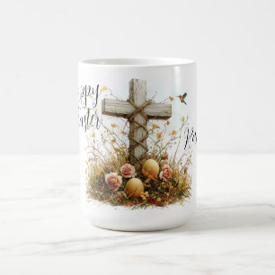 Caneca De Café Desenho de Páscoa com Cruz Rústica e Flores