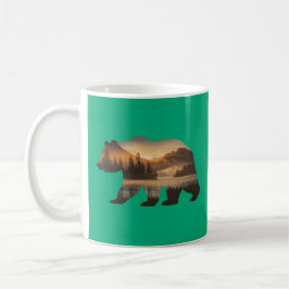 Caneca De Café Desenho de Silhueta de Urso com Vista do Pôr do So