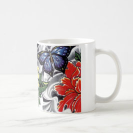 Caneca De Café Desenho de Tatuagem de Peônia Amarela e Borboleta