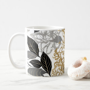 Caneca De Café Desenho de videira com folhas elegante em dourado,