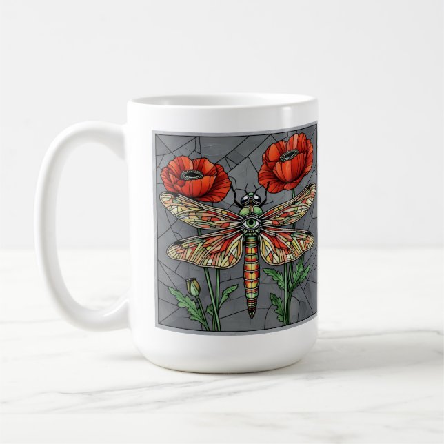 Caneca De Café Desenho de vitral de libélula olho de papoula vibr (Esquerda)