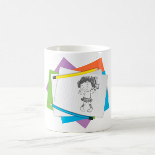 Caneca De Café Desenho Esboço de Menina Jovial com Lápis Colorido