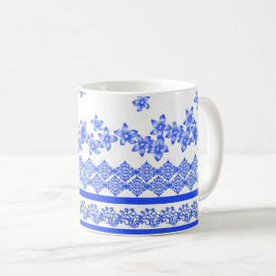 Caneca De Café Desenho floral azul e branco,