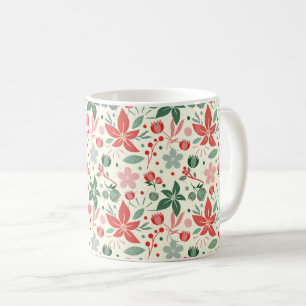 Caneca De Café Desenho floral brilhante com folhas verdes e ponto