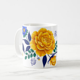 Caneca De Café Desenho Floral Elegante com Flores Douradas e Azui