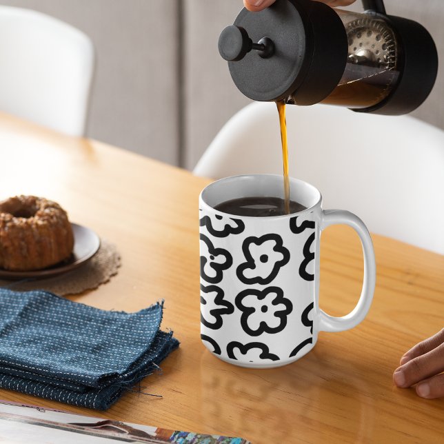 Caneca De Café Desenho Floral Moderno, Negro e Branco (Criador carregado)