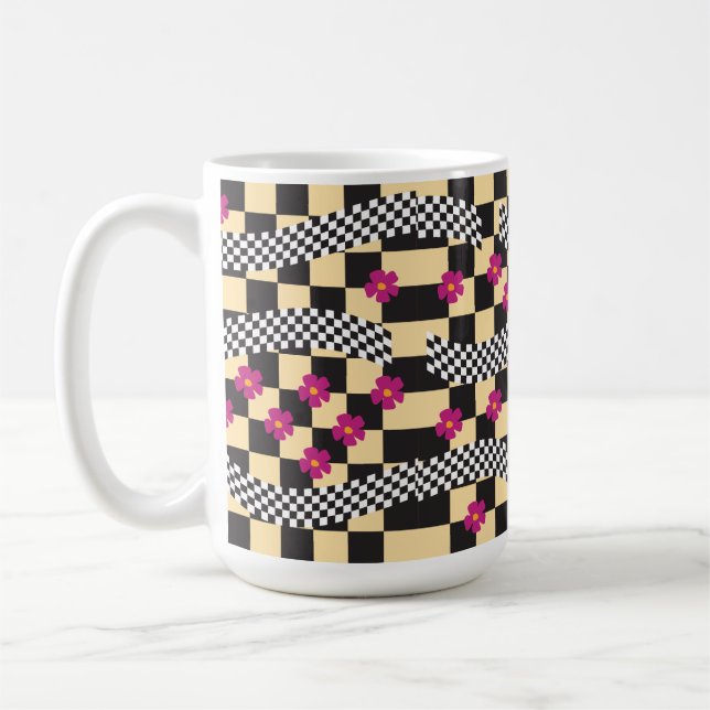 Caneca De Café Desenho Retro de Xadrez com Flores (Esquerda)