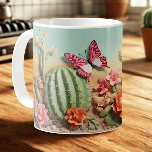 Caneca De Café Deserto Cactus e Borboleta