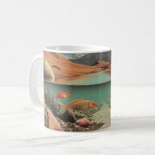 Caneca De Café Deserto e Lago Surreal com Peixes Dourados