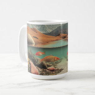 Caneca De Café Deserto e Lago Surrealistas com Peixes Dourados