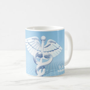 Caneca De Café Design Azul 3D Caduceus Branco Médico