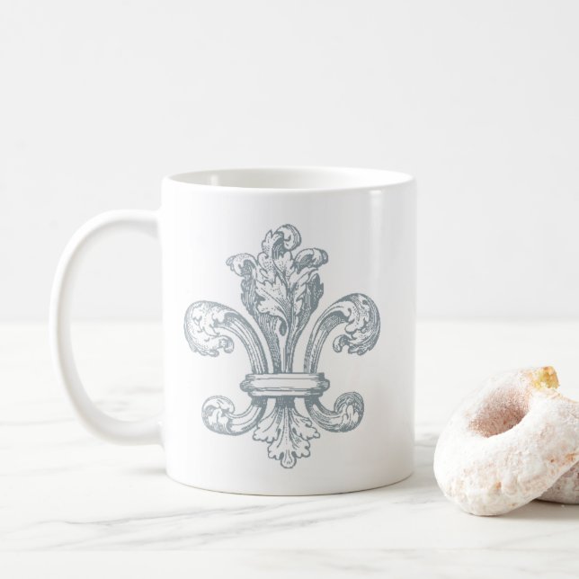 Caneca De Café Design cinzento da flor de lis no branco (Com Donut)