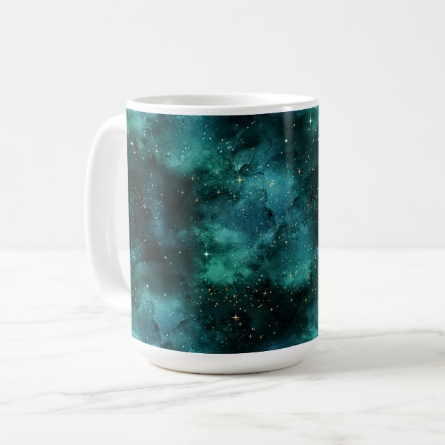 Caneca De Café Design da Série Galáxia Azul-Verde 1 (Frente Esquerda)