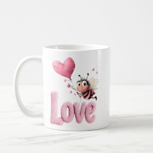 Caneca De Café Design de Balão Coração Rosa Fluffy Abelha Fofa (Esquerda)