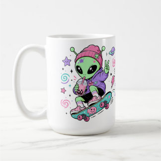 Caneca De Café Design de Chá de Bolhas com Alien Kawaii Skatista