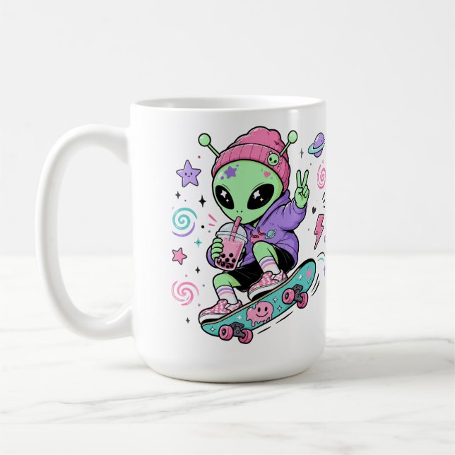Caneca De Café Design de Chá de Bolhas com Alien Kawaii Skatista (Esquerda)