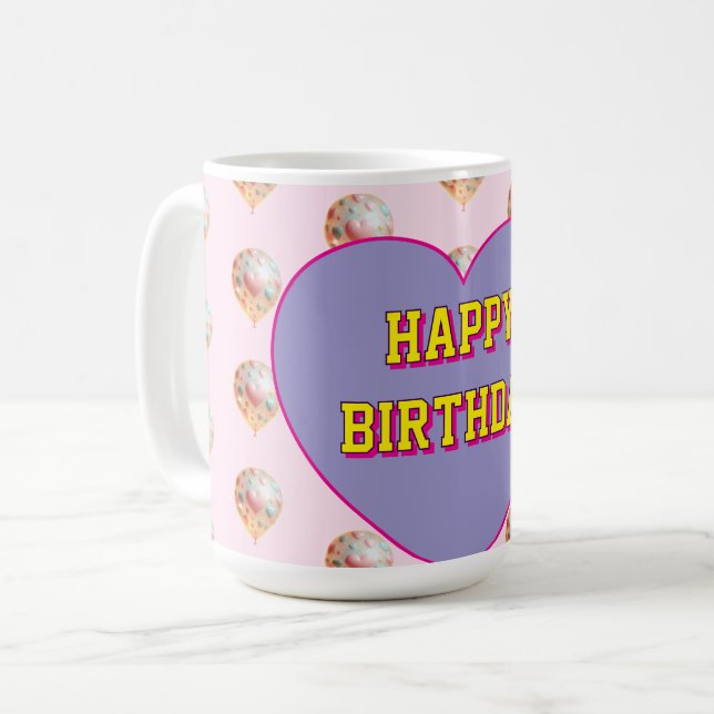 Caneca De Café Design de Feliz Aniversário com Balões de Coração  (Frente Esquerda)