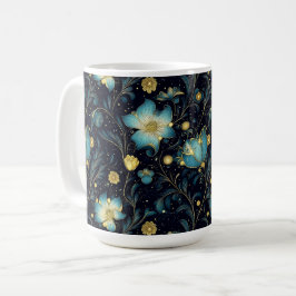 Caneca De Café Design de Feriado Floral Azul e Dourado Elegante