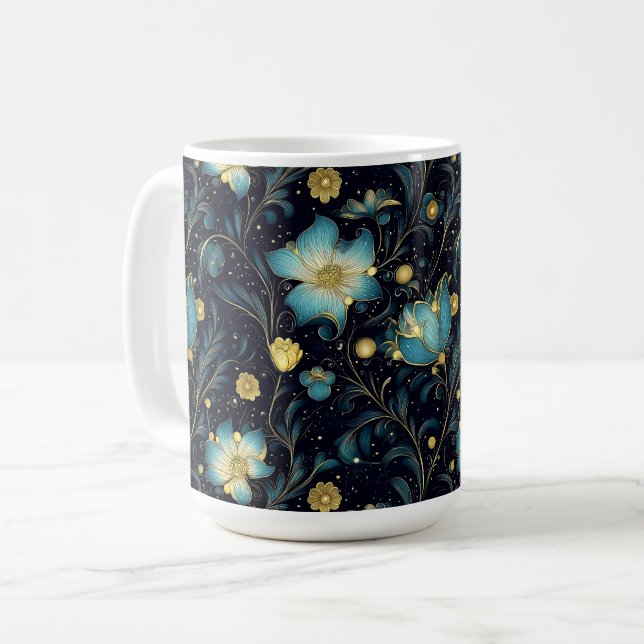 Caneca De Café Design de Feriado Floral Azul e Dourado Elegante (Frente Esquerda)