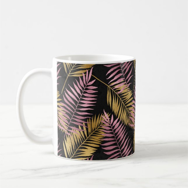 Caneca De Café Design de Folha de Samambaia em Rosa e Dourado (Esquerda)