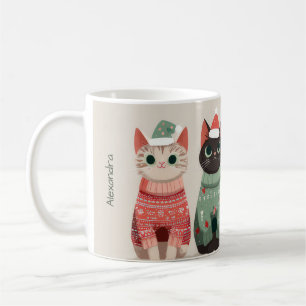 Caneca De Café Design de gato de inverno de Natal personalizado e