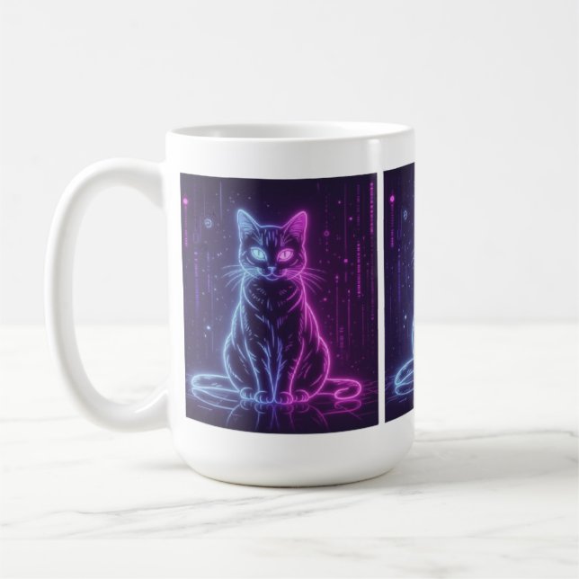 Caneca De Café **Design de Gato Neon – Arte Felina Futurista Glow (Esquerda)