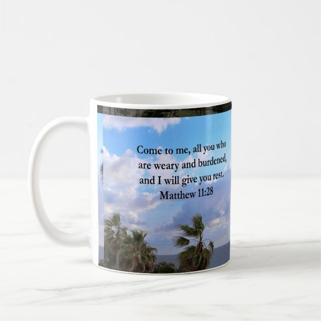 CANECA DE CAFÉ DESIGN DE INSPIRAÇÃO DE MATTHEW 11:28 SCRIPTURE (Esquerda)