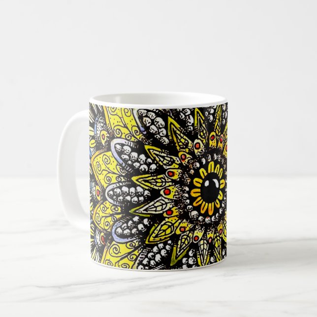 Caneca De Café Design de Mandala Desenhada à Mão Amarelo Verde (Frente Esquerda)