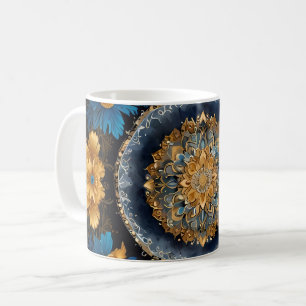 Caneca De Café Design de Mandala em fundo azul Dourado